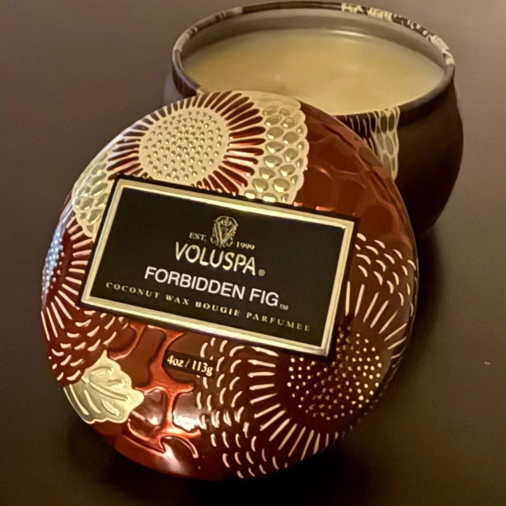Voluspa Forbidden Fig Candle 4 oz | Coconut Wax Decorative Embossed Tin Luxury